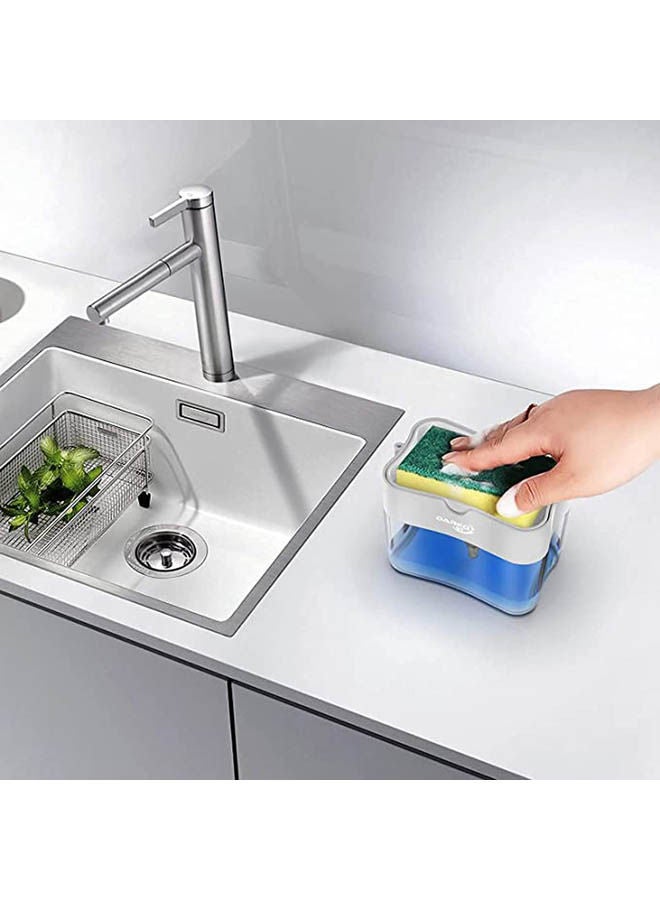 Delfino - 2 In 1 Sponge Rack Shelf Soap Detergent Dispenser Pump Large Capacity With Sponge 1 Hand Operation Soap Dispenser Gray Sponge Holder Quality Brush Pot Dishwashing Artifact Clear - Image 1