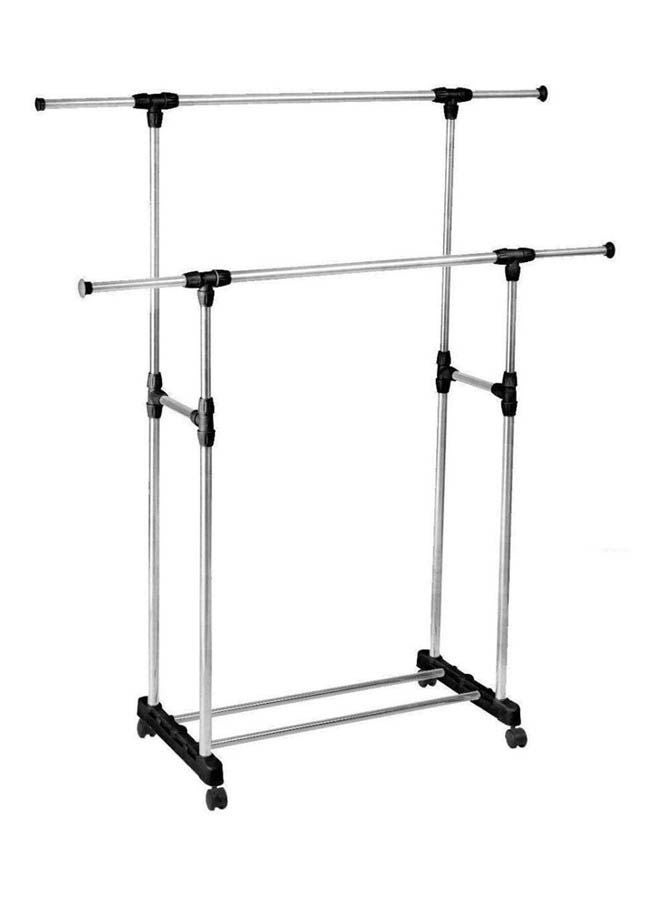 Clothes Double Pole Portable Rack Hanger Extendable Rolling Garments Silver  - Image 1