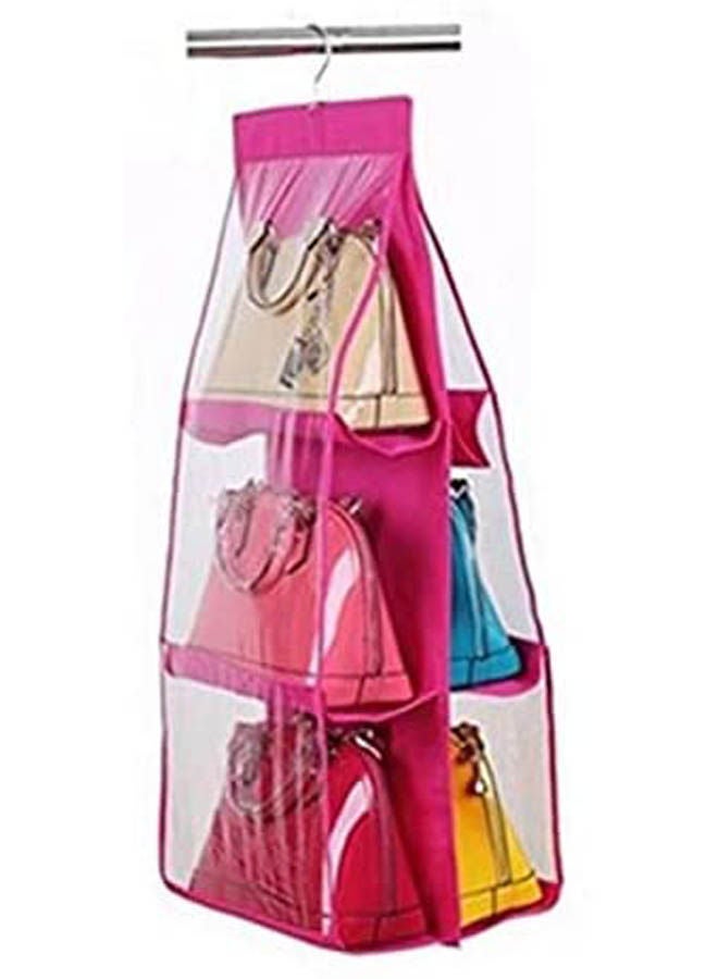 6 Pockets Handbag Hanging Purse Storage Anti-Dust Cover Large Clear Bag Holder Organizer Closet Rack Hangers Save Space Pink  - Image 1