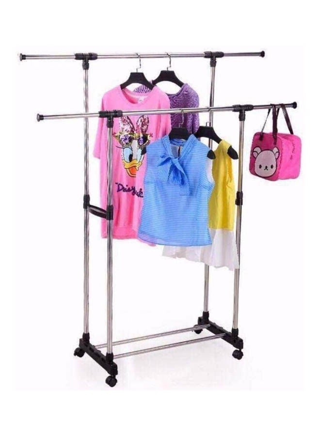 Double Pole Clothes Portable Rack Hanger Extendable Rolling Garments Black  - Image 2