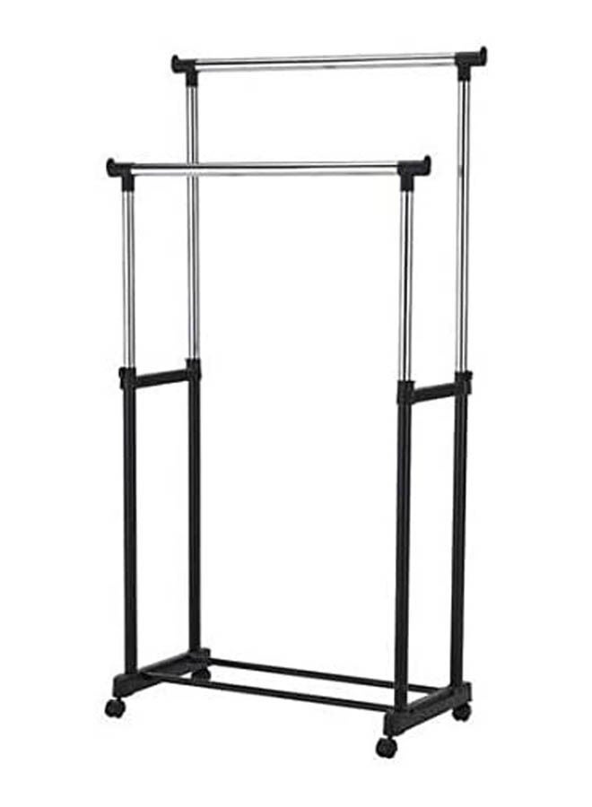 Cloth Rack 2 Pole, Metal Black Double Pole Telescopic Clothes Hanger Black-Silver