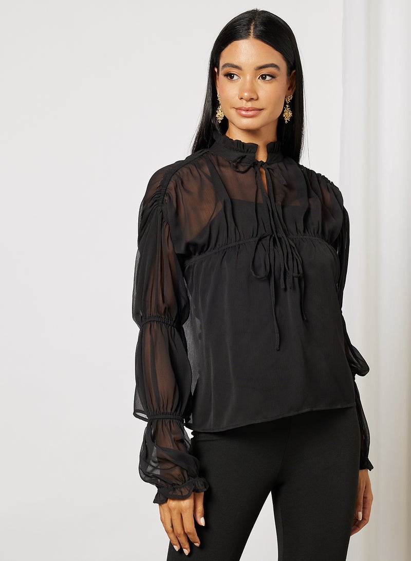 NA-KD Sheer Tiered Sleeves Blouse Black - Image 1