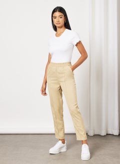 NA-KD Plain Elastic Waist Boyfriend Fit Mid Rise Pants Beige  - Image 4