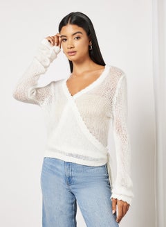 NA-KD Rib Detail Overlap Knitted Plunge Neck Sweater Off White  - Image 1