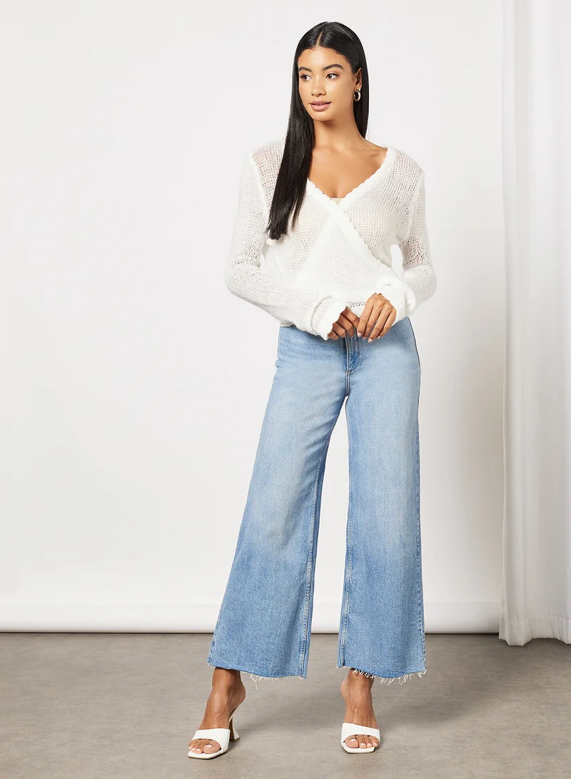 NA-KD Rib Detail Overlap Knitted Plunge Neck Sweater Off White