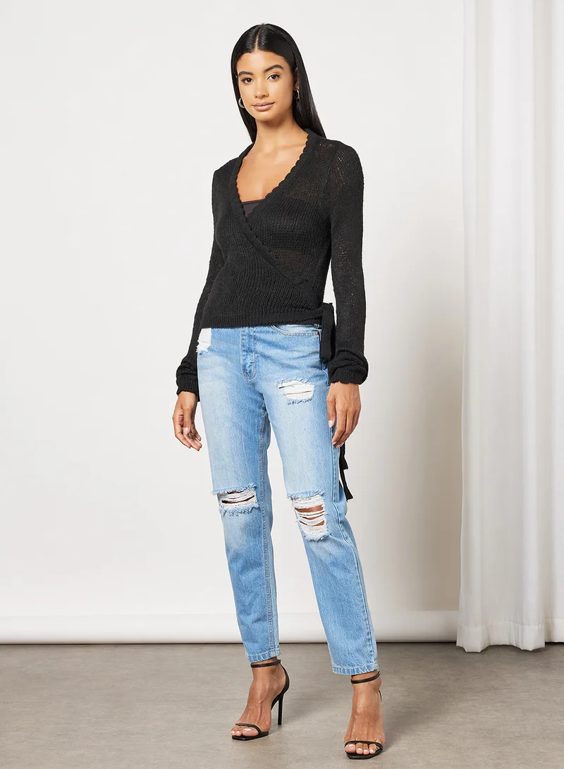NA-KD Rib Detail Overlap Knitted Plunge Neck Sweater Black