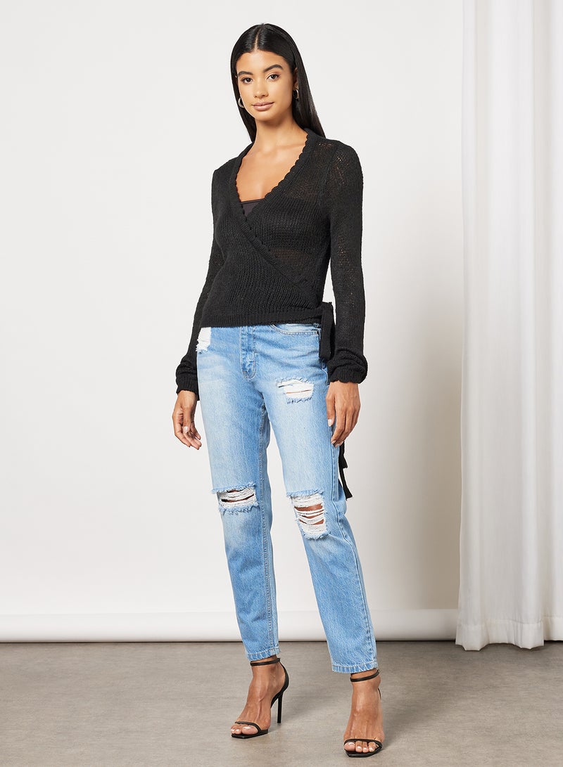 NA-KD - Rib Detail Overlap Knitted Plunge Neck Sweater Black - Image 1