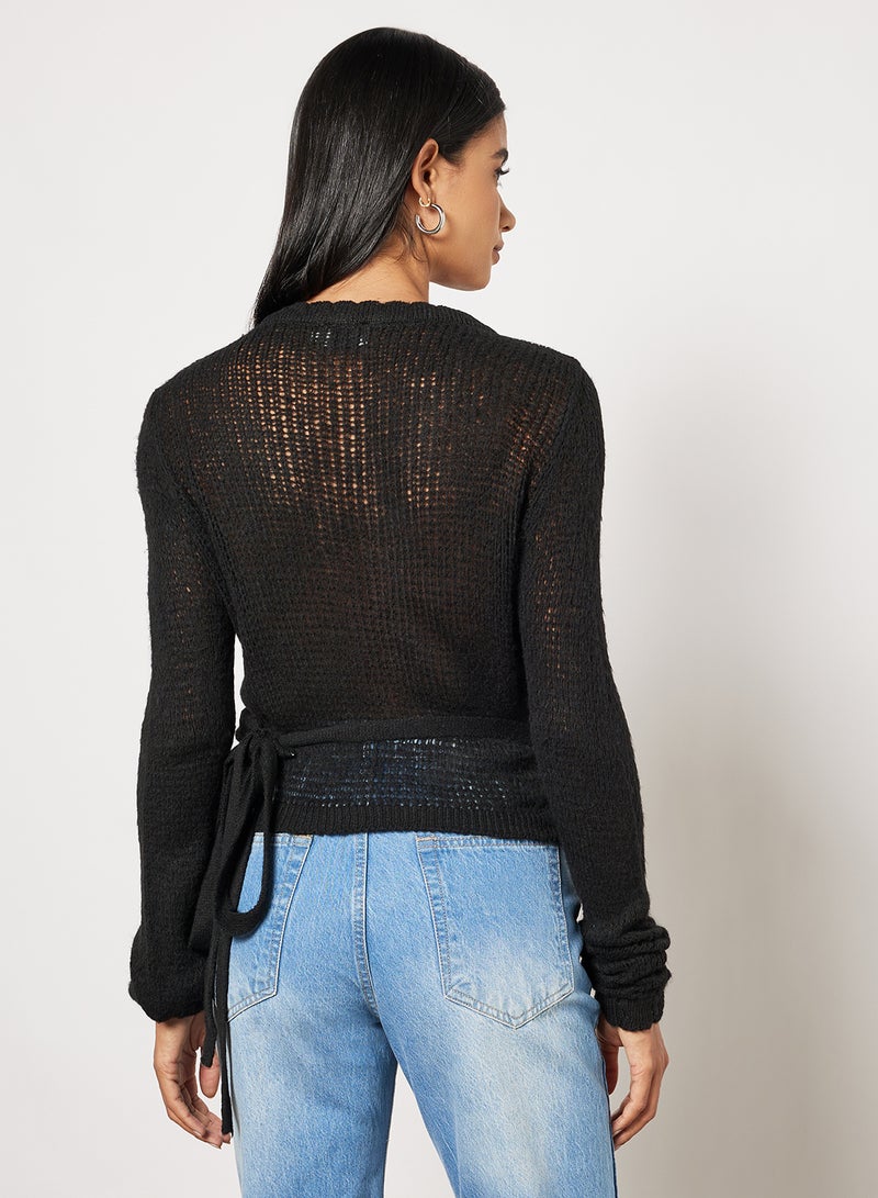 NA-KD - Rib Detail Overlap Knitted Plunge Neck Sweater Black - Image 1