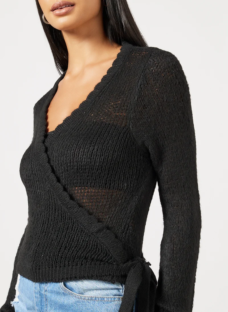 NA-KD Rib Detail Overlap Knitted Plunge Neck Sweater Black