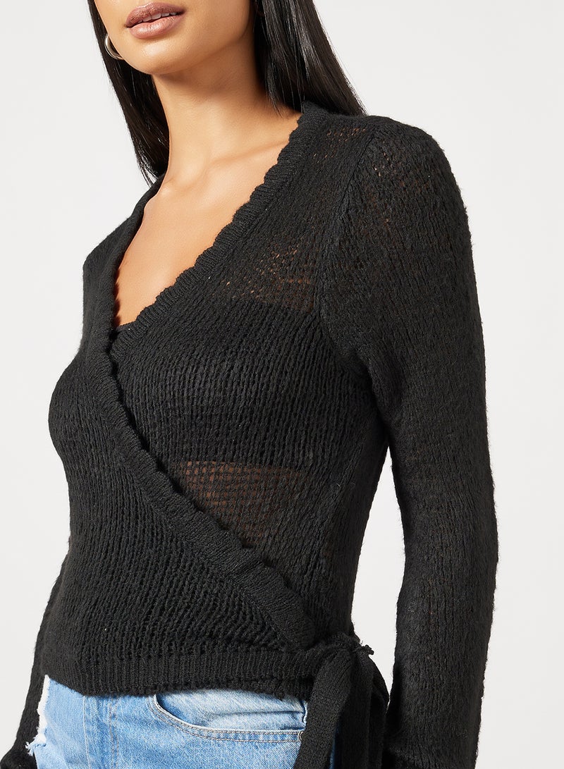NA-KD - Rib Detail Overlap Knitted Plunge Neck Sweater Black - Image 1