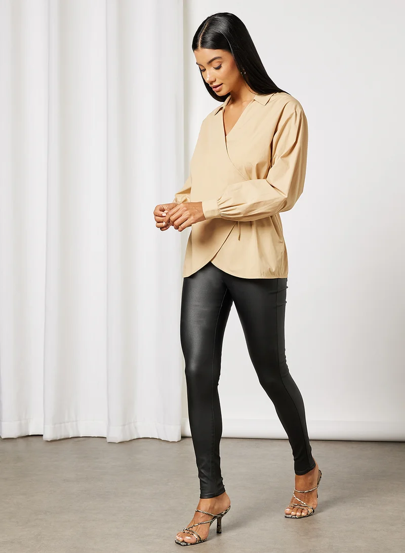 NA-KD Collared Oversized Wrap Blouse Beige