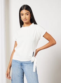 Women's Stand Pleat Collar Side Tie Short Sleeve Crop Top White