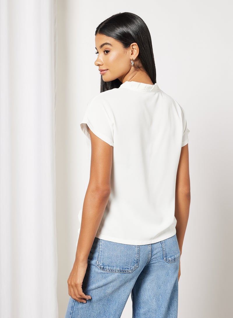 Aila - Women's Stand Pleat Collar Side Tie Short Sleeve Crop Top White - Image 1