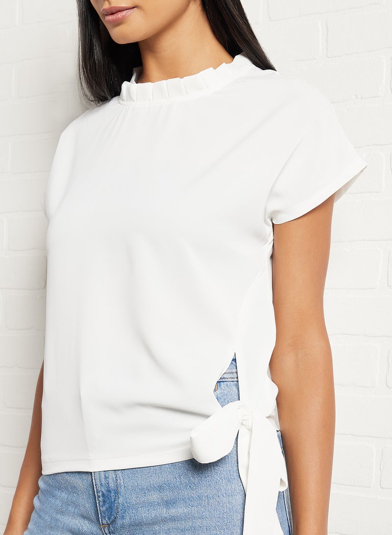 Aila - Women's Stand Pleat Collar Side Tie Short Sleeve Crop Top White - Image 1