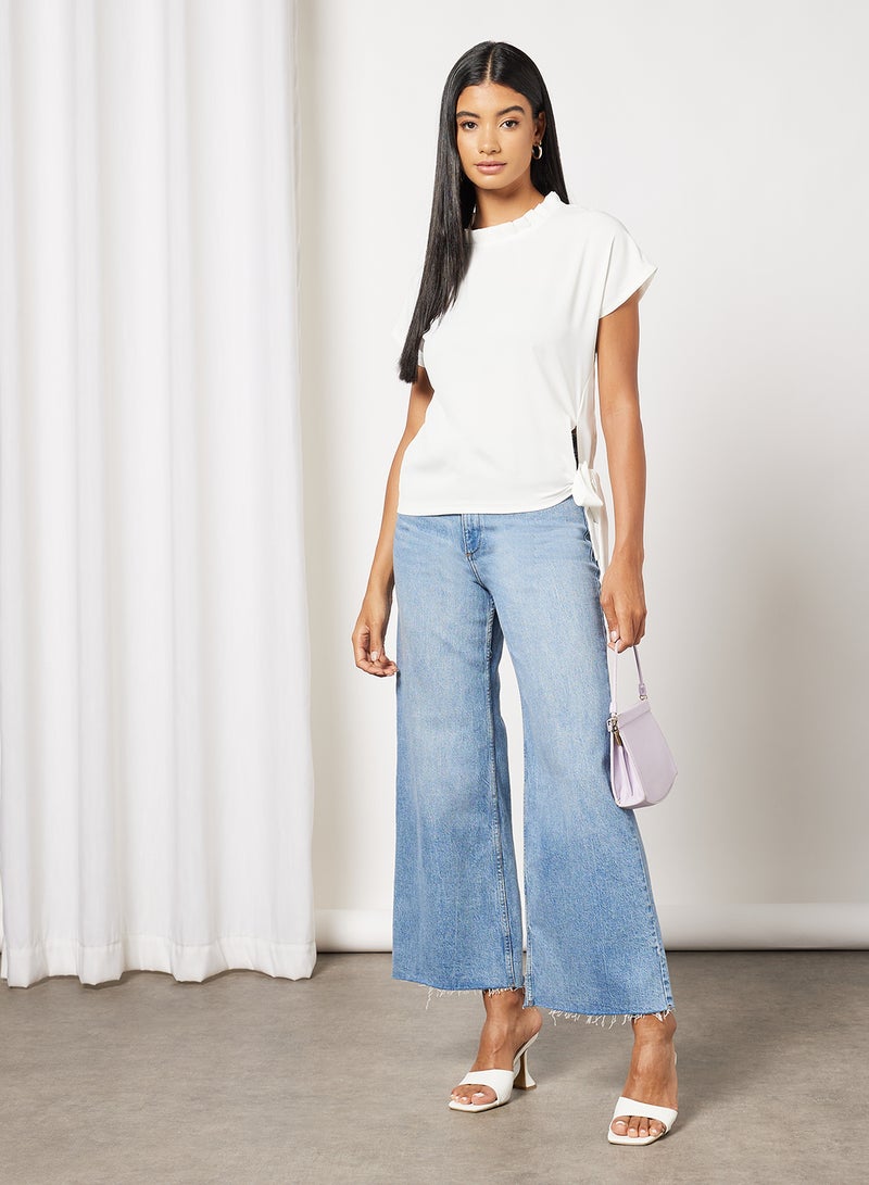 Aila - Women's Stand Pleat Collar Side Tie Short Sleeve Crop Top White - Image 1