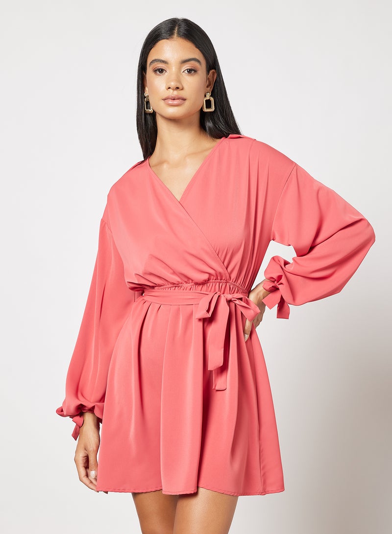 Aila - Casual Polyester Long Sleeve Wrap Mini Dress With V-Neck With Belt Brick Red - Image 1