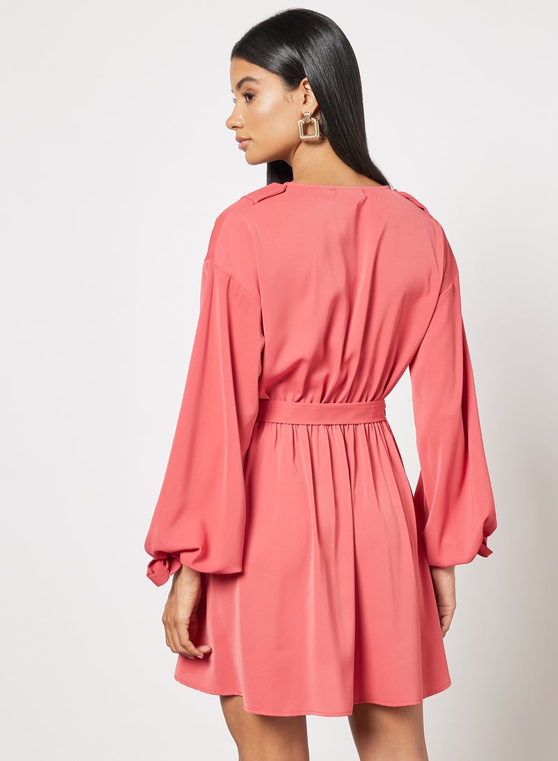 Aila - Casual Polyester Long Sleeve Wrap Mini Dress With V-Neck With Belt Brick Red - Image 1