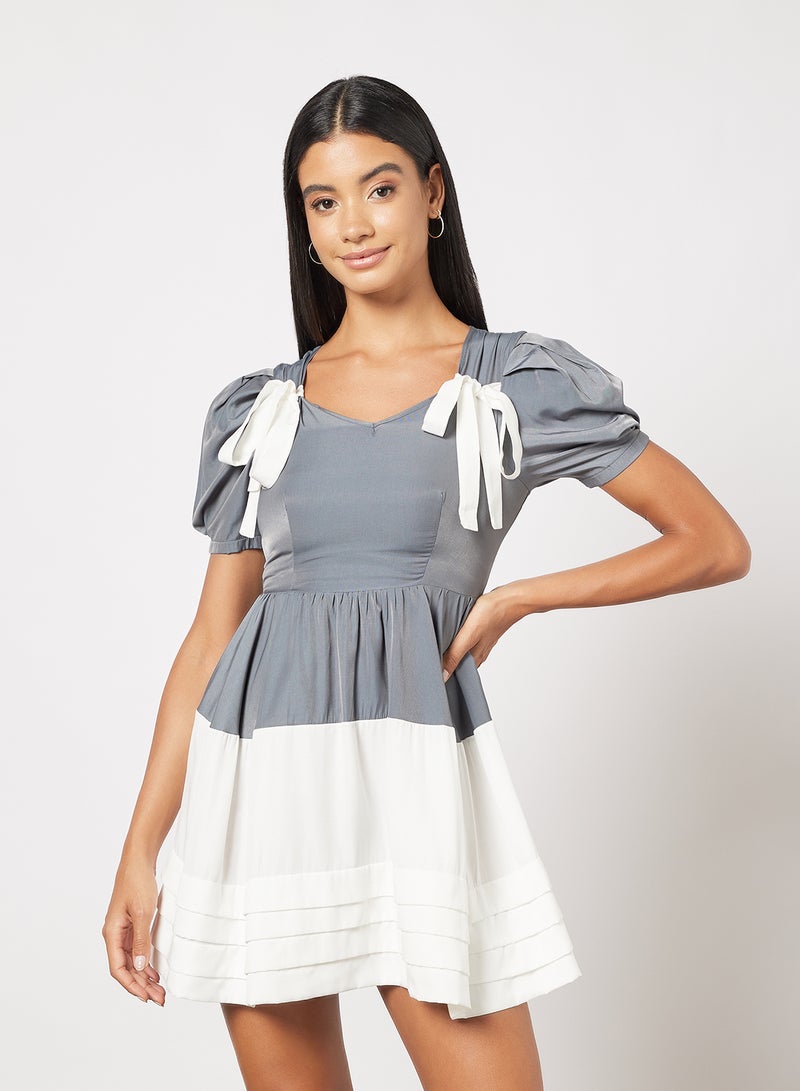 Aila Casual Polyester Puff Short Sleeve Mini Colourblock Dress Flared Hem With  Square Neck White/Black  - Image 1