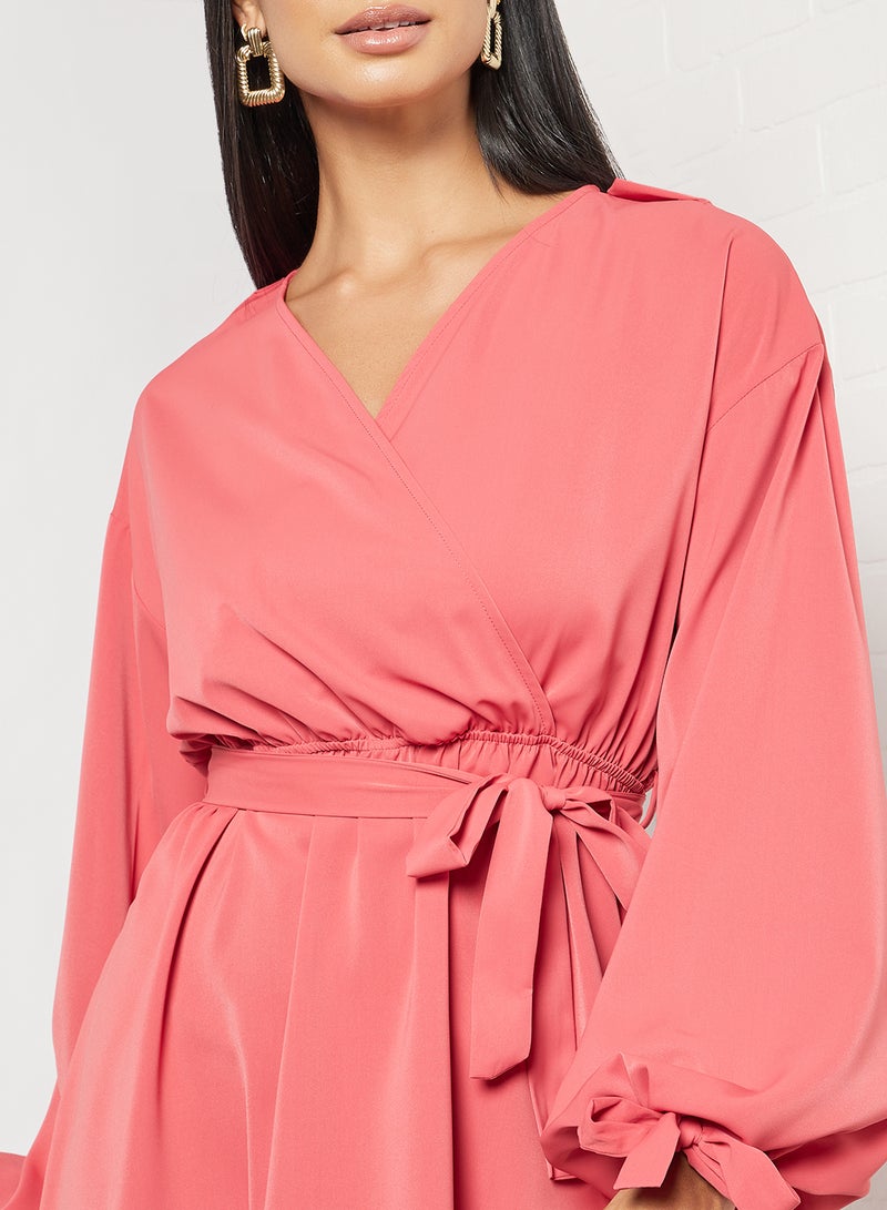 Aila - Casual Polyester Long Sleeve Wrap Mini Dress With V-Neck With Belt Brick Red - Image 1
