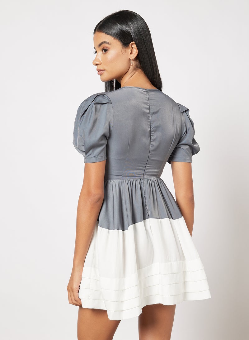 Aila Casual Polyester Puff Short Sleeve Mini Colourblock Dress Flared Hem With  Square Neck White/Black  - Image 2