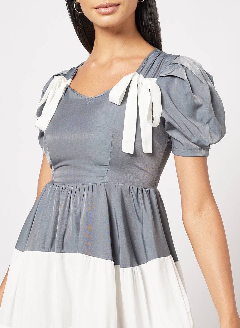 Aila Casual Polyester Puff Short Sleeve Mini Colourblock Dress Flared Hem With  Square Neck White/Black  - Image 3