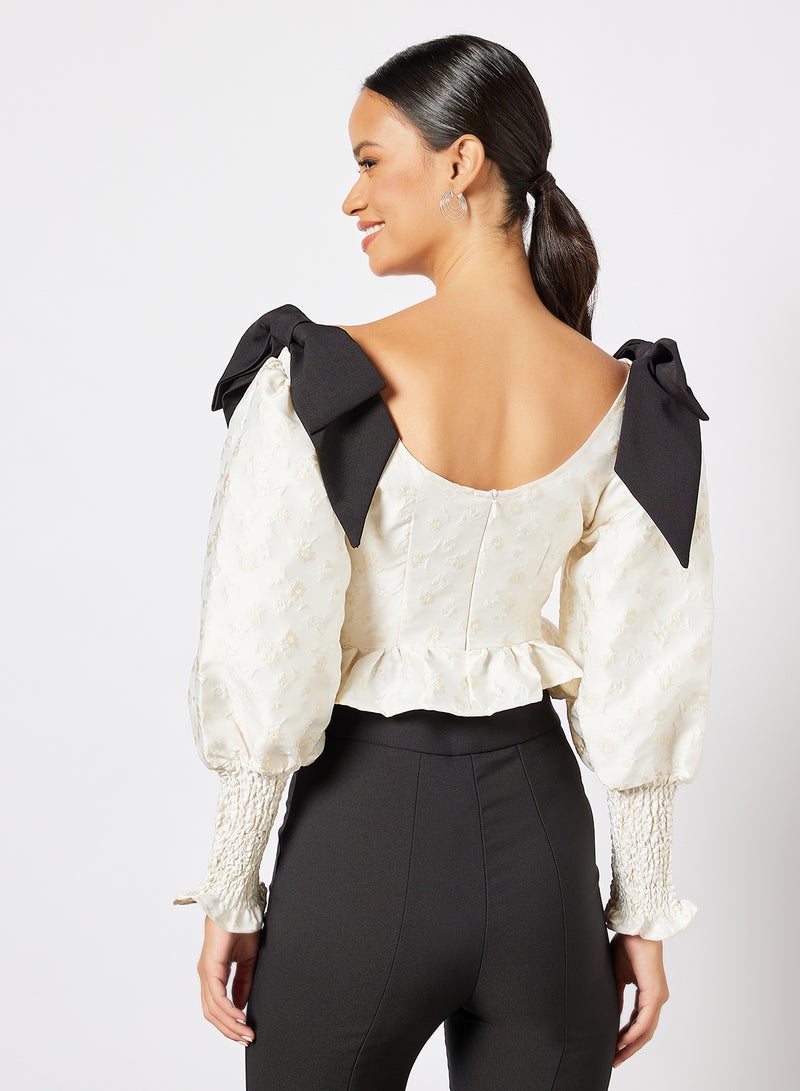 sister jane - Jacquard Bow Detail Crop Top Ivory - Image 1