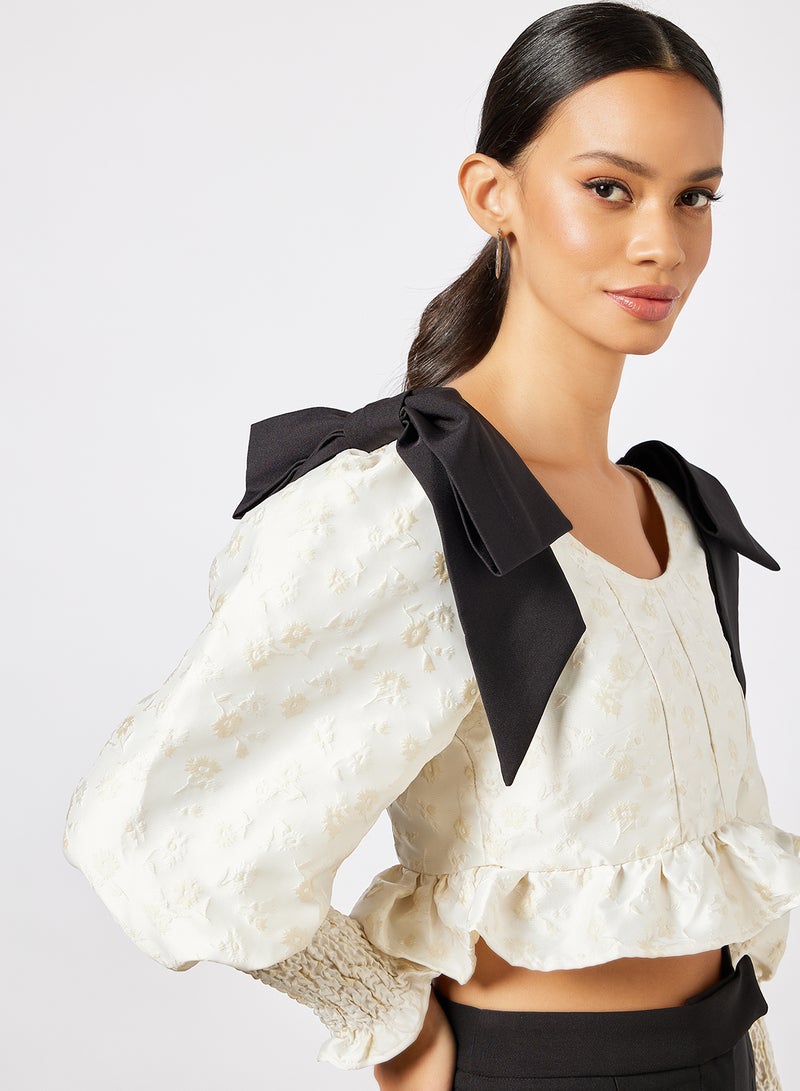 sister jane - Jacquard Bow Detail Crop Top Ivory - Image 1