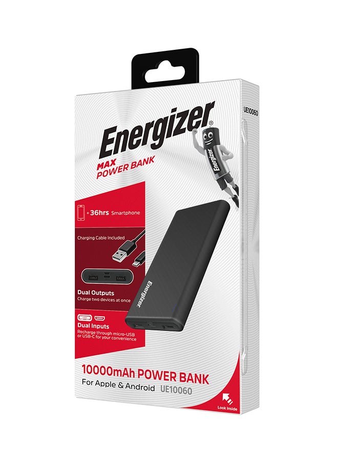 Energizer - 10000 mAh 4Rapid Charging Power Bank, Dual USB-A Outputs and Type-C, Micro USB Inputs, Slim, Compact with PowerSafe Management Black - Image 1