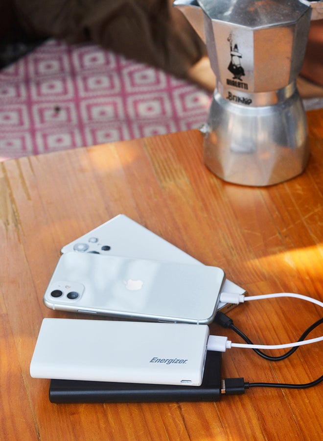 10000 mAh Rapid Charging Power Bank, Dual USB-A Outputs and Type-C, Micro USB Inputs, Slim, Compact with PowerSafe Management White