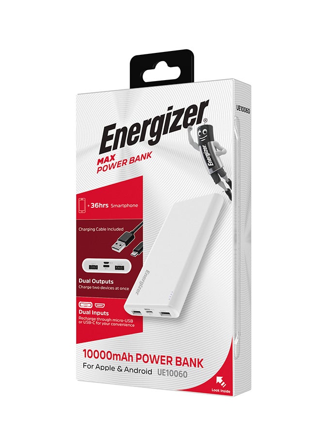 10000 mAh Rapid Charging Power Bank, Dual USB-A Outputs and Type-C, Micro USB Inputs, Slim, Compact with PowerSafe Management White