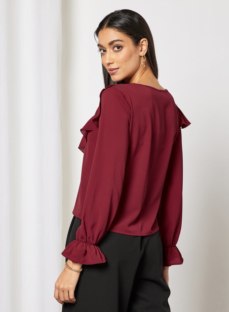 Aila - Women's Plain Basic Design Casual Ruffle Sleeve Top Red - Image 1