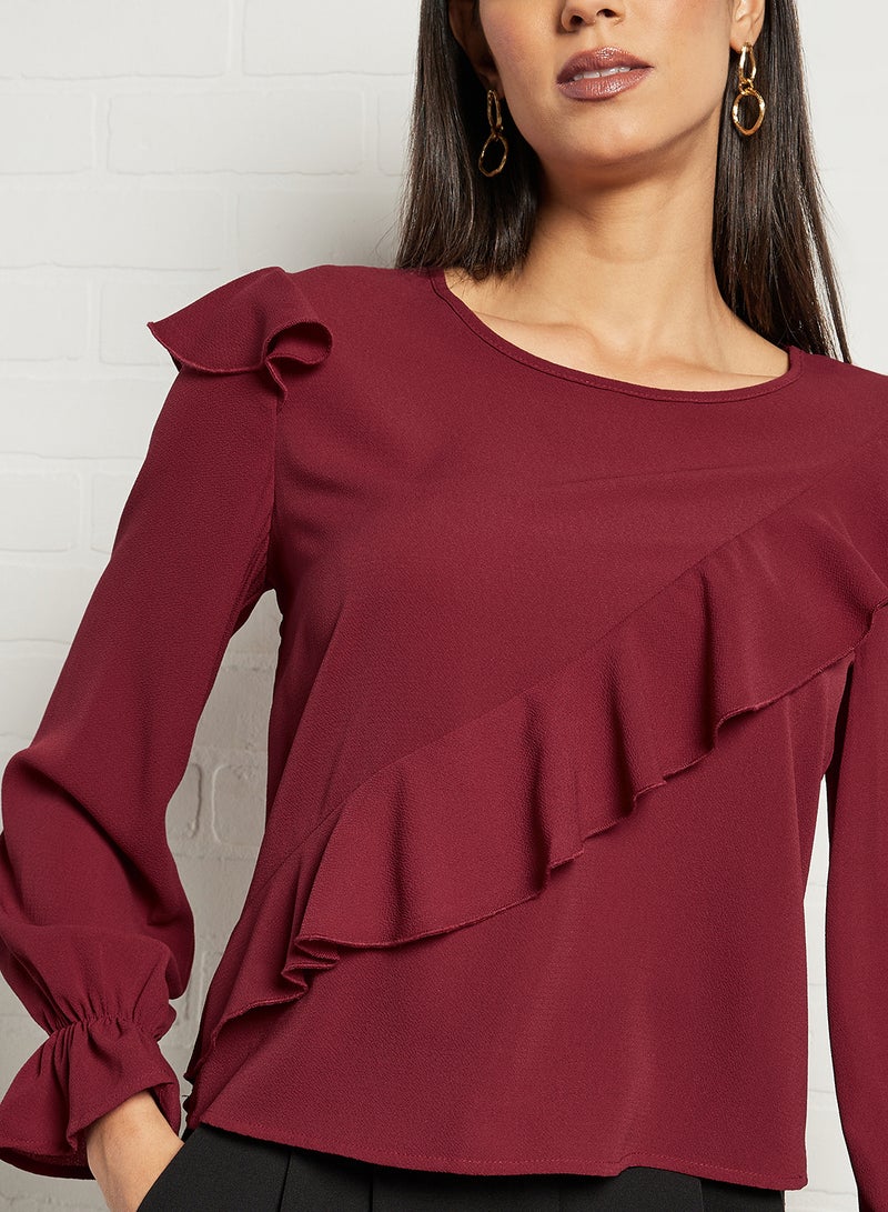 Aila - Women's Plain Basic Design Casual Ruffle Sleeve Top Red - Image 1