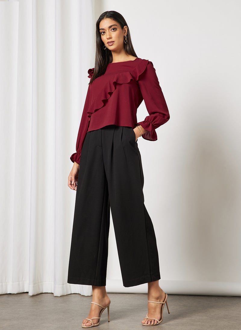 Aila - Women's Plain Basic Design Casual Ruffle Sleeve Top Red - Image 1