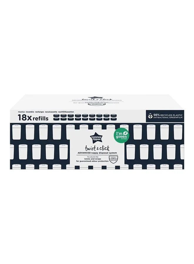 tommee tippee Pack Of 18 Twist And Click Advanced Nappy Bin Refill Cassettes, Sustainably Sourced Antibacterial Greenfilm Grey