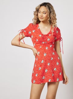 Floral Print V Neck Mini Dress Red
