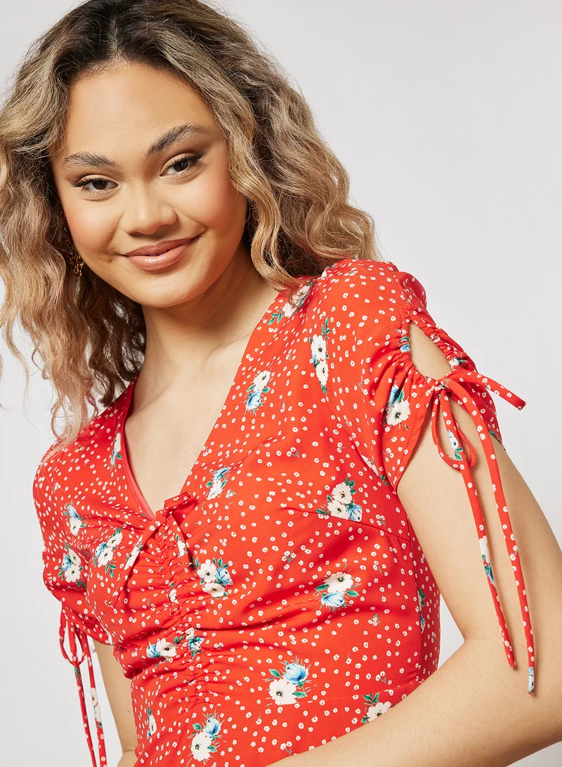 FOREVER 21 Floral Print V Neck Mini Dress Red