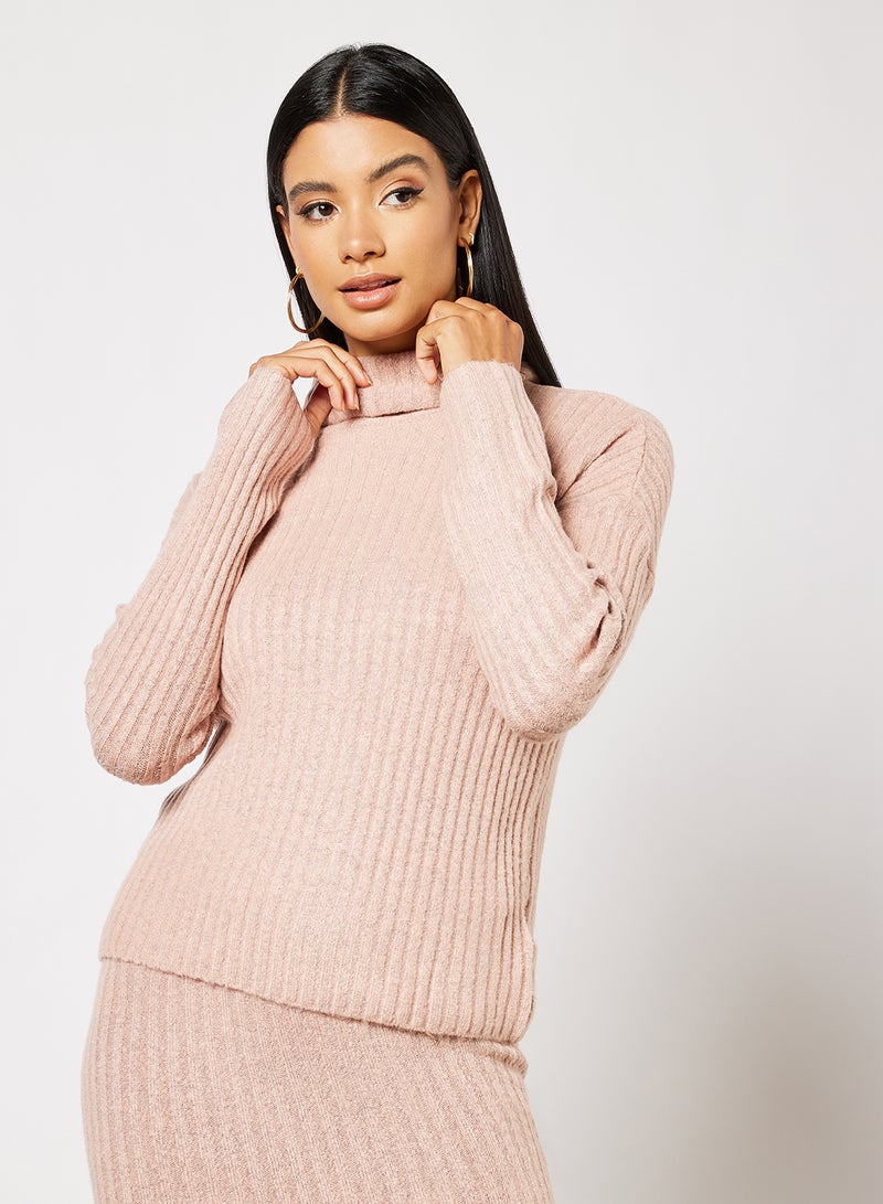 BRAVE SOUL Roll Neck Knit Top and Midi Skirt Set Dusty Pink  - Image 1