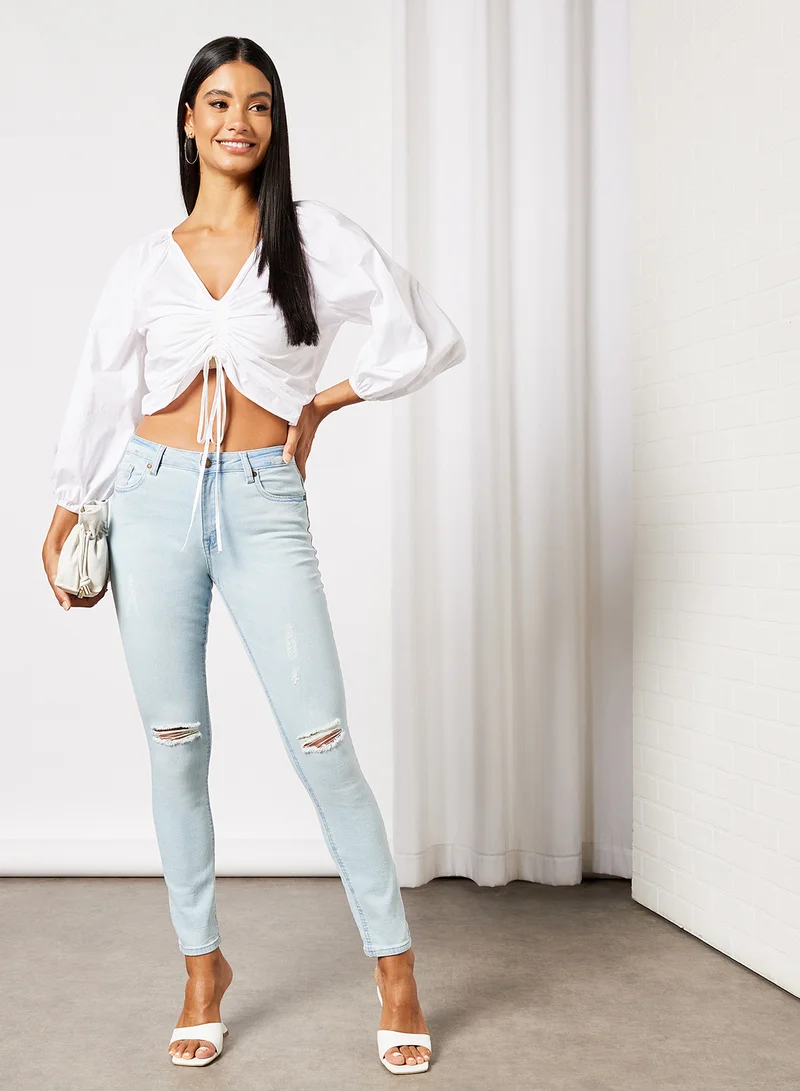 BRAVE SOUL Distressed Pattern Ripped Knee Jeans Light Denim Blue