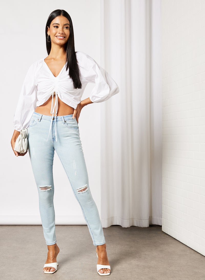 BRAVE SOUL - Distressed Pattern Ripped Knee Jeans Light Denim Blue - Image 1