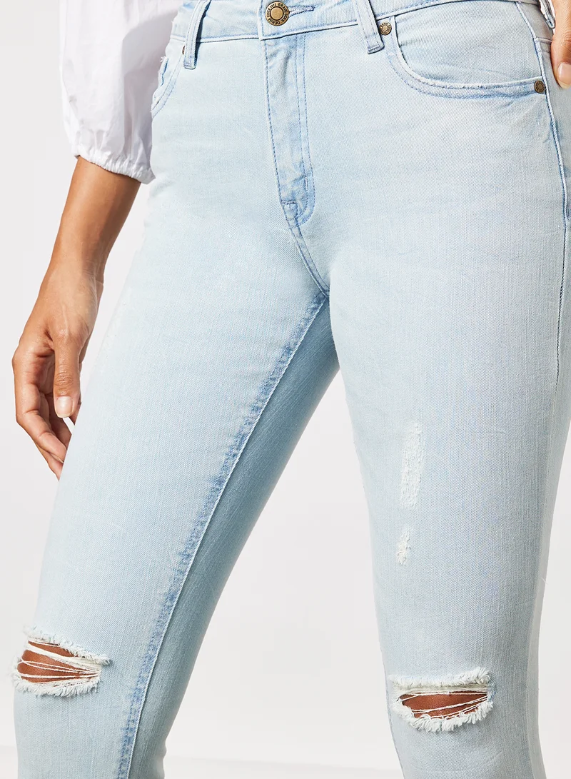 BRAVE SOUL Distressed Pattern Ripped Knee Jeans Light Denim Blue