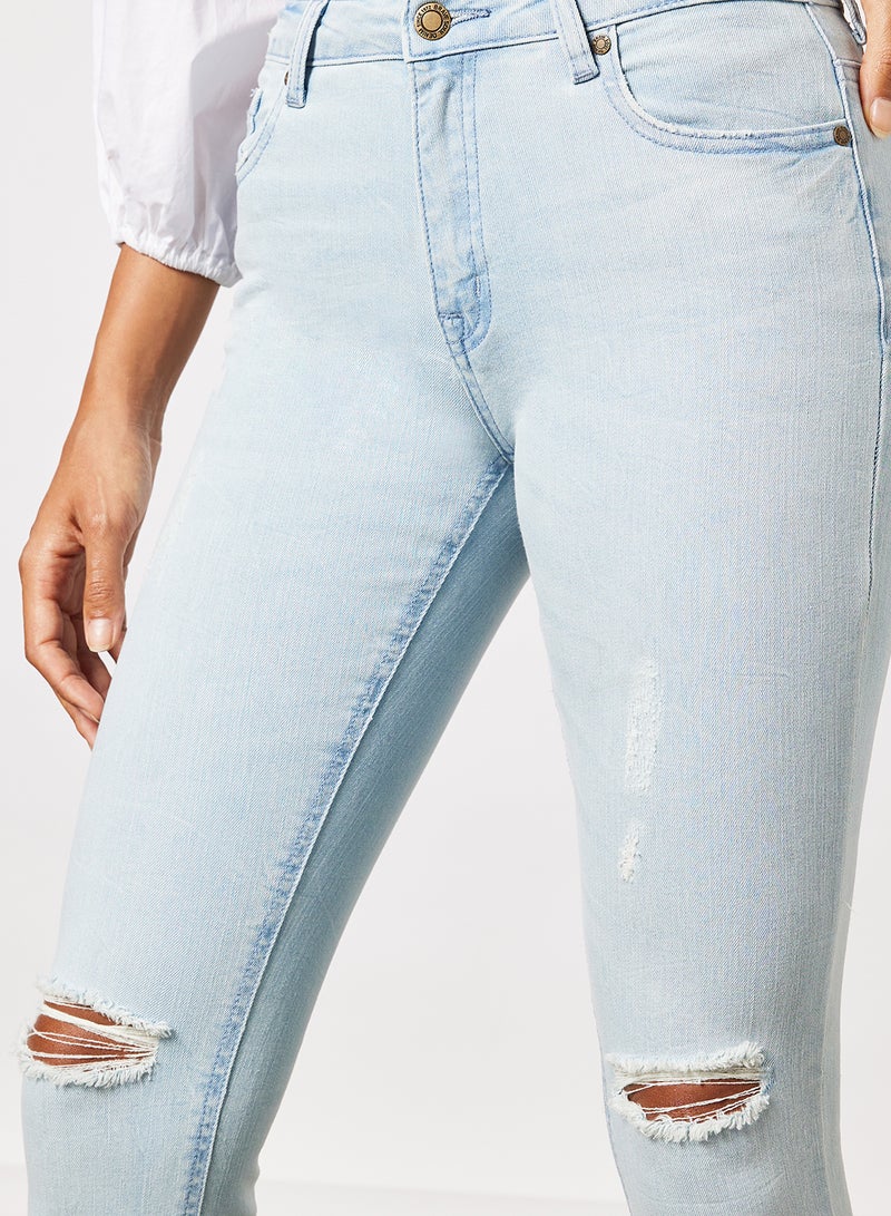 BRAVE SOUL - Distressed Pattern Ripped Knee Jeans Light Denim Blue - Image 1