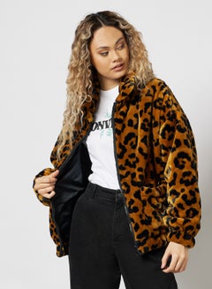 Oversized Faux Fur Leopard Jacket Brown