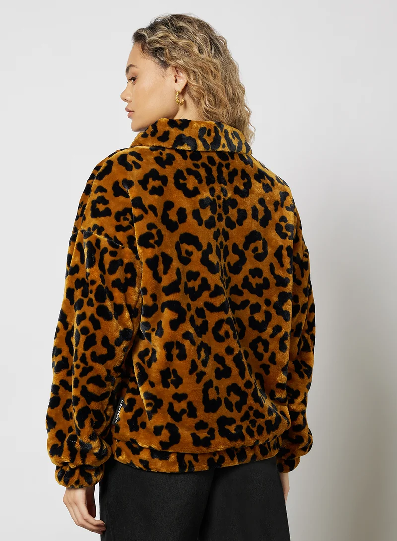 CONVERSE Oversized Faux Fur Leopard Jacket Brown