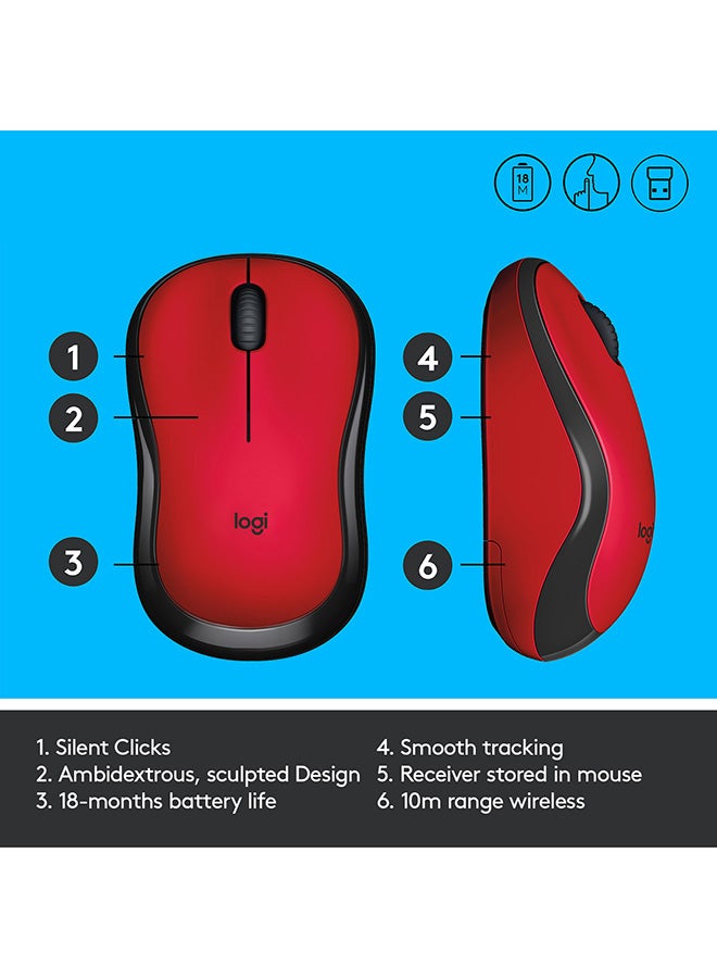 M220 Wireless Mouse, Silent Buttons, 2.4 GHz With USB Mini Receiver, 1000 DPI Optical Tracking, 18 Month Battery Life, Ambidextrous PC / Mac / Laptop Red