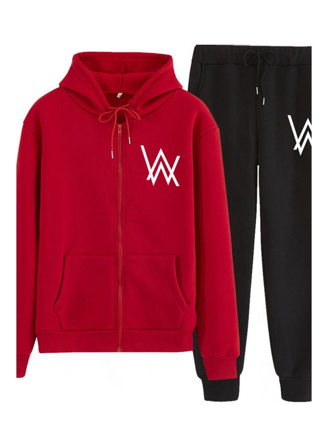 Set Of 2 Zipper Hoodies And Pants Autumn Winter Thickened Jacket Suit Red  - Image 1