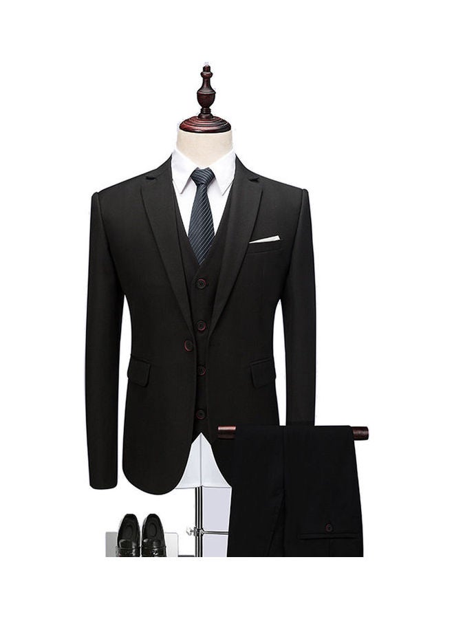 Set Of 3 Pieces Men Lapel V-neck Suit And Vest And Pants Slim Solid Color Wedding Groom Formal Outfit Reven Black - Image 1