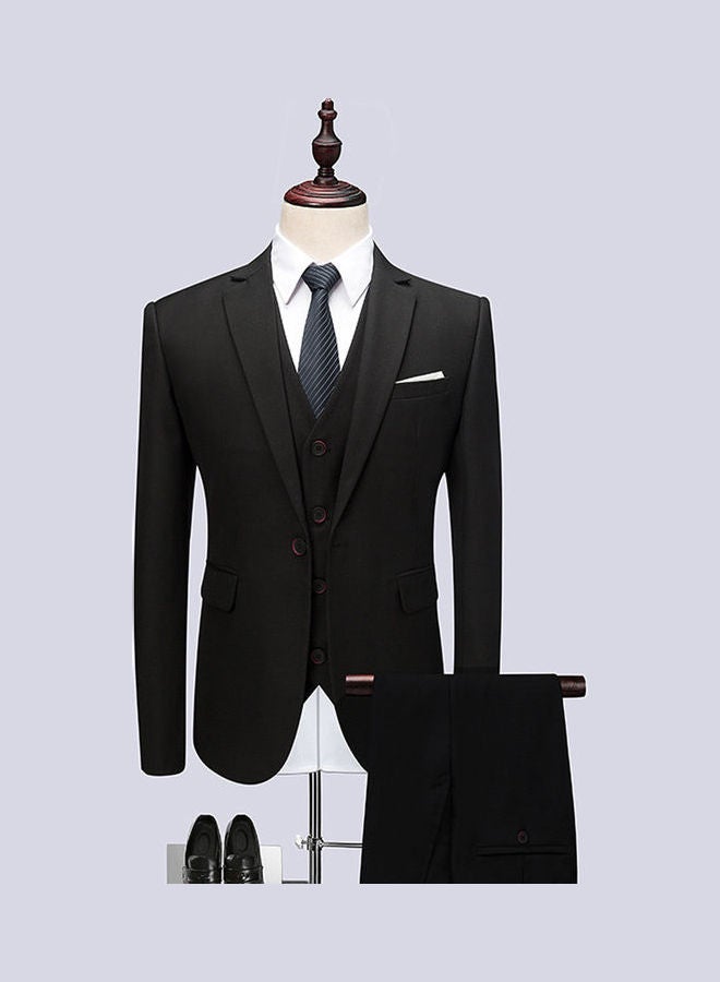 Set Of 3 Pieces Men Lapel V-neck Suit And Vest And Pants Slim Solid Color Wedding Groom Formal Outfit Reven Black - Image 3
