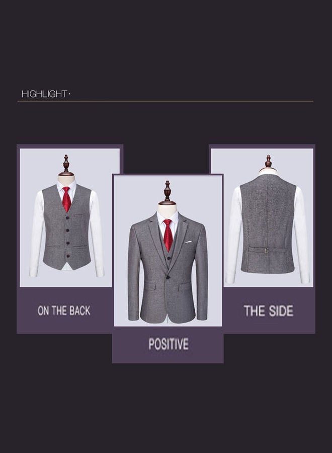 Set Of 3 Pieces Men Lapel V-neck Suit And Vest And Pants Slim Solid Color Wedding Groom Formal Outfit Reven Black - Image 5