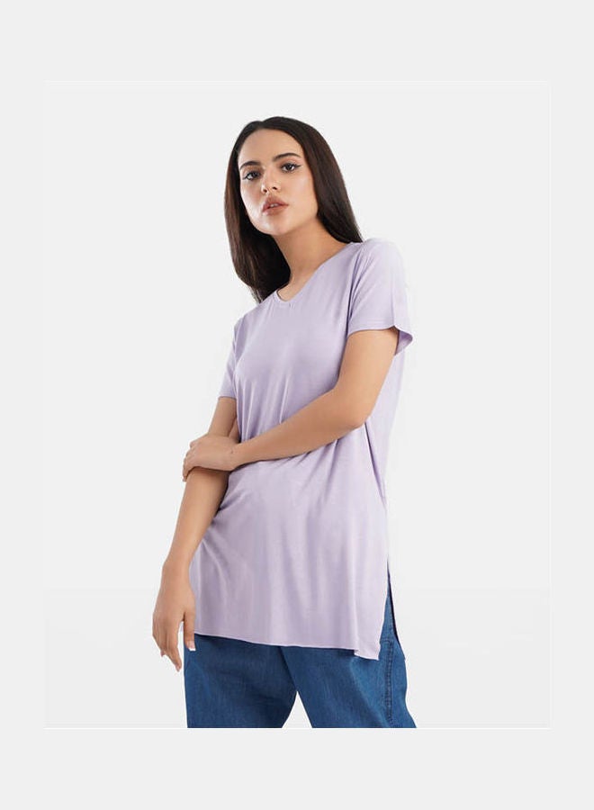 كارينا Casual Plain Basic V-Neck Short Sleeve T-Shirt Light Lilac - Image 2