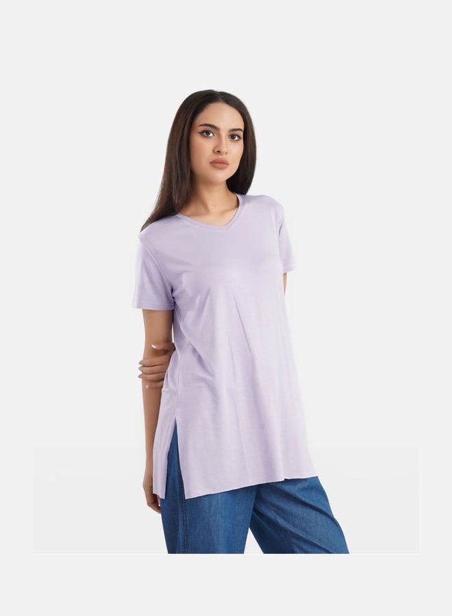 كارينا Casual Plain Basic V-Neck Short Sleeve T-Shirt Light Lilac - Image 3